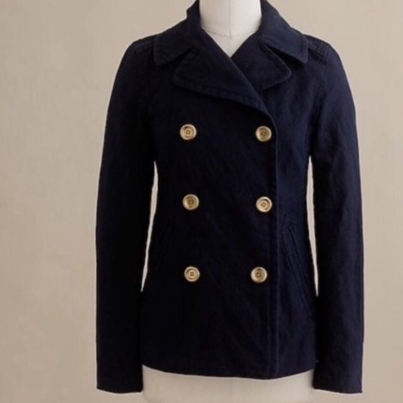 J. CREW I Navy Blue Indigo Metallic Pea Coat Double Breasted Jacket, 4 - Picture 4 of 16